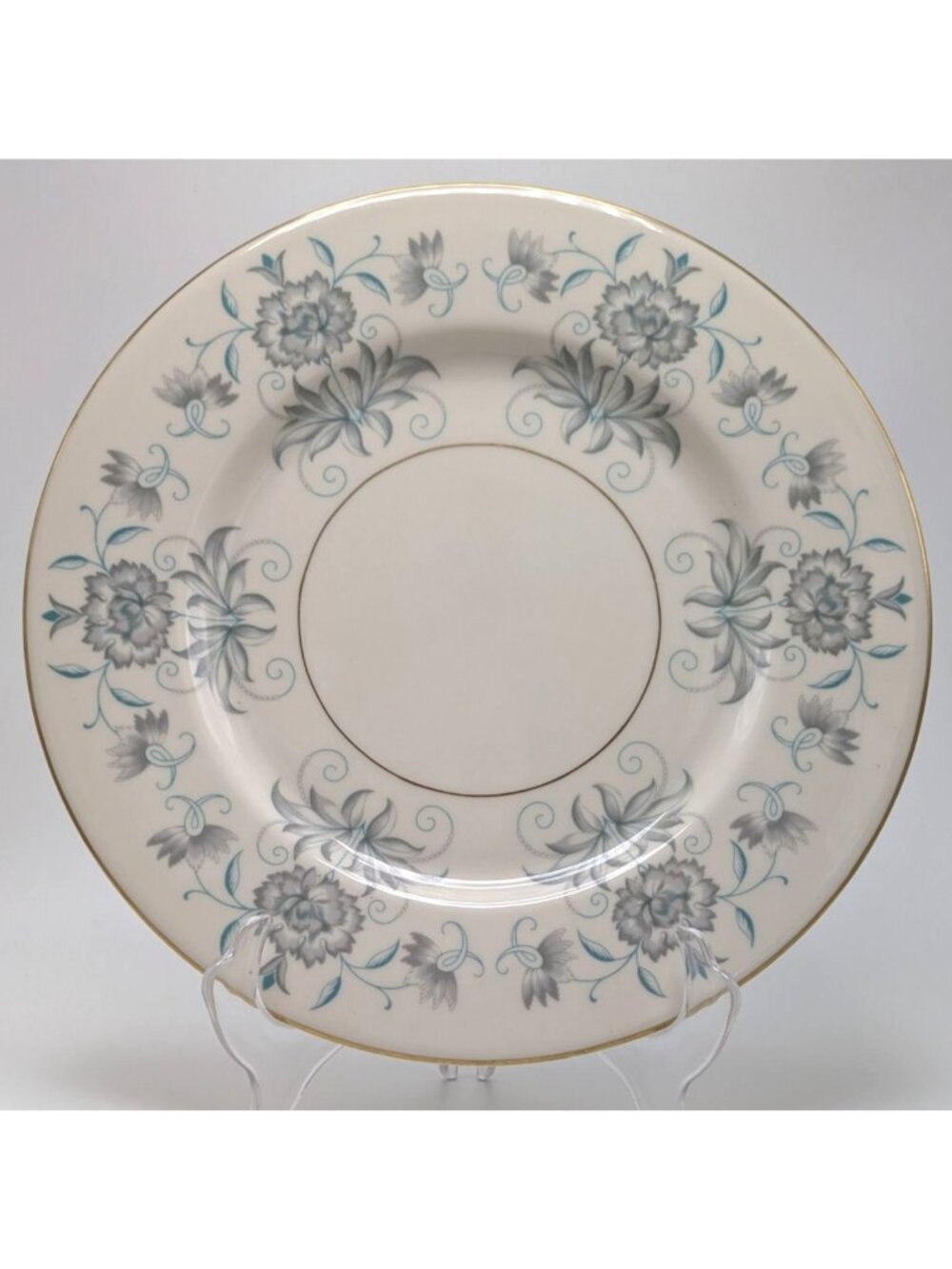 Castleton China Caprice Dinner Plate 10 3/4" Blue Gray Floral Gold Trim Ceramic
